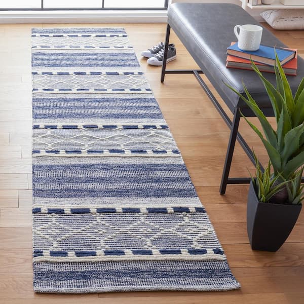 Striped Kilim Navy Ivory 2 ft. x 9 ft. Geometric Striped Runner Rug