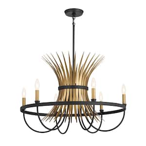 Baile 29.25 in. 6-Light Natural Brass and Black Vintage Candle Circle Chandelier for Dining Room