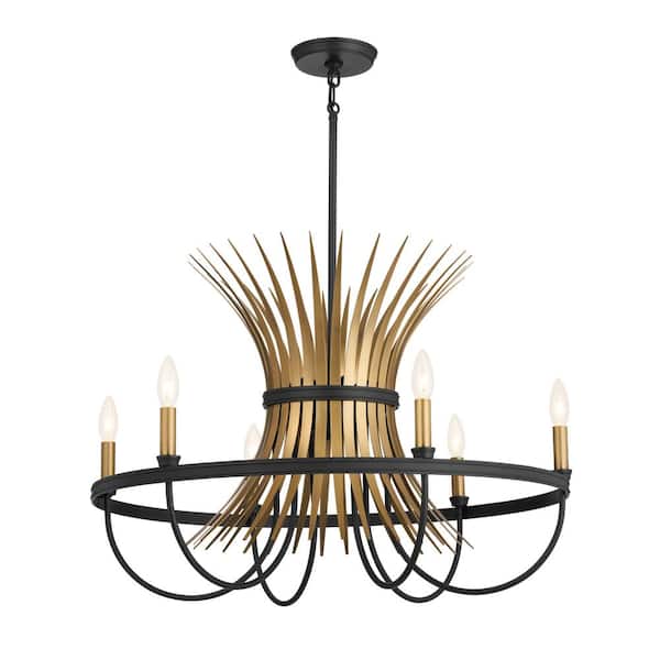 KICHLER Baile 29.25 in. 6-Light Natural Brass and Black Vintage Candle Circle Chandelier for Dining Room