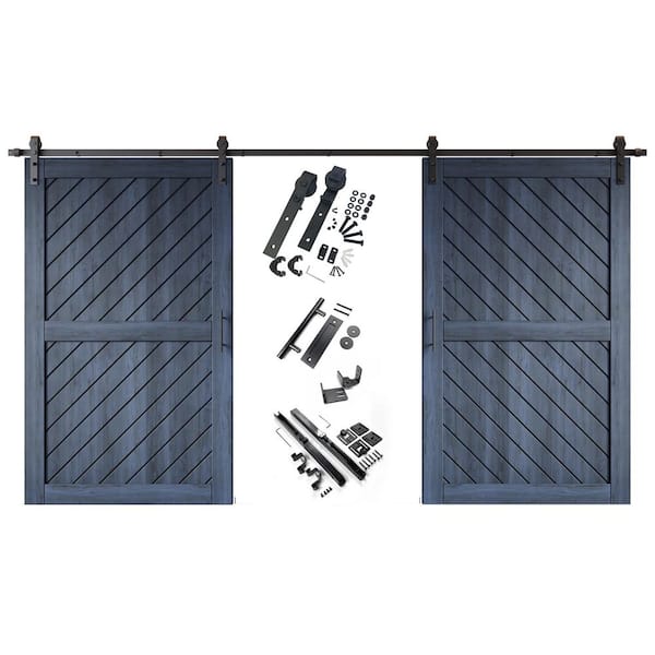 XT1 48 in. x 80 in. C-Panel Navy Slanted Stripe Design Double Pine Wood Sliding Barn Door with Hardware Kit