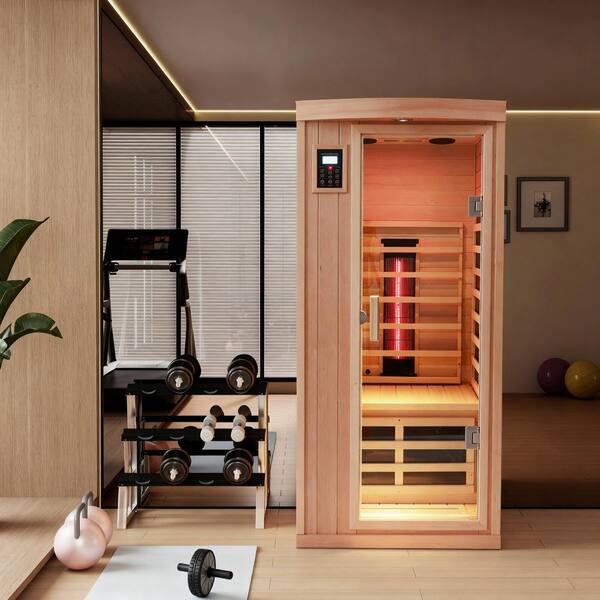 Home 1-Person Indoor Hemlock Sauna Safe Low-EMF Heating with Colorful Lights, Reading Lights, and 2 Bluetooth Speakers