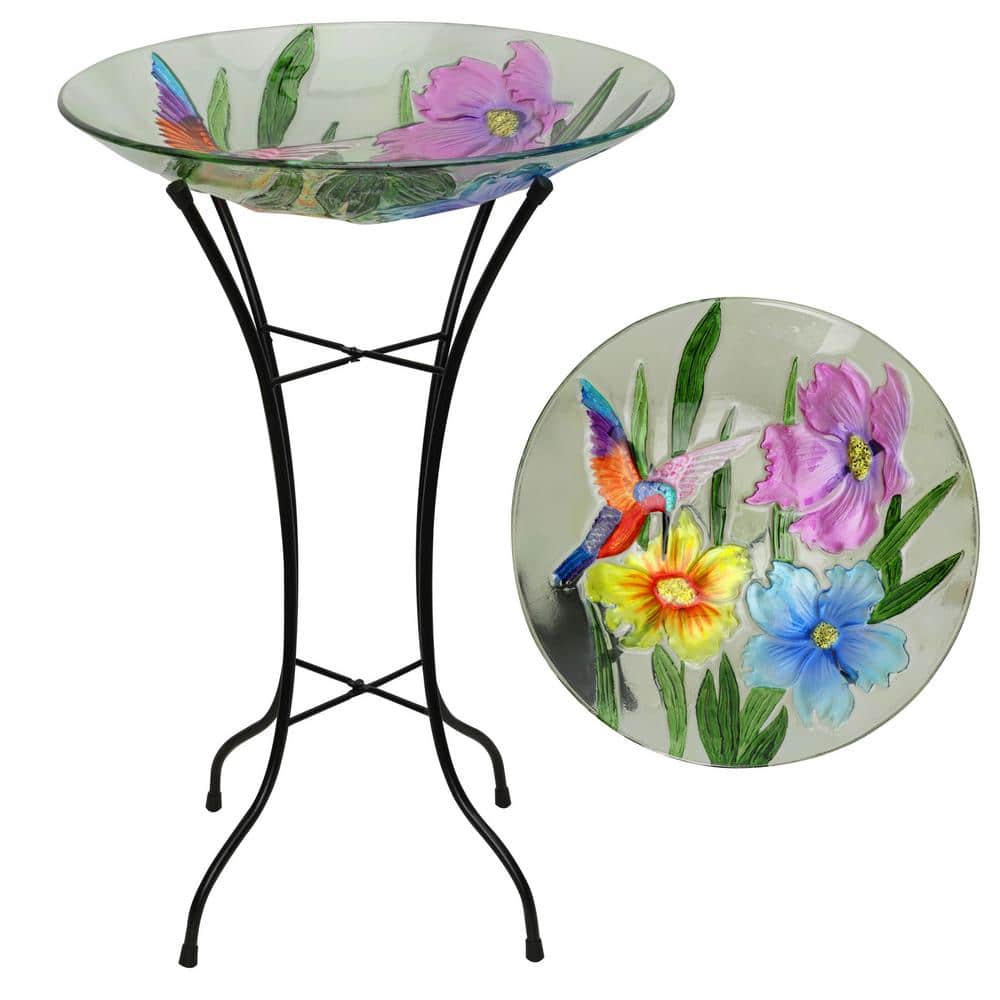 18 Glass Birdbath w/Colorful Flowers w/Metal Stand