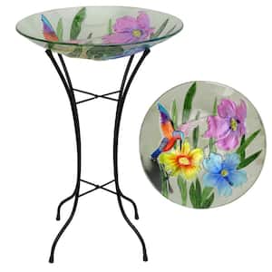 18 in. Glass Birdbath with Colorful Flowers with Metal Stand
