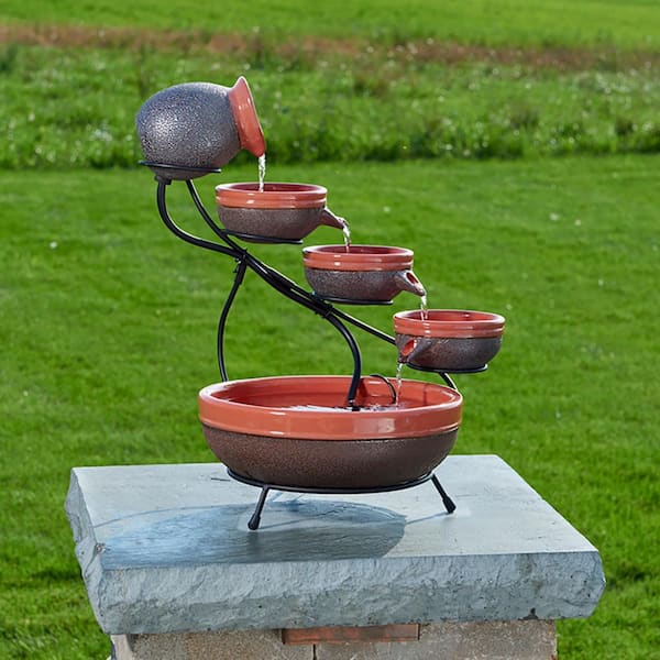 Smart Solar Ceramic Solar Cascade Fountain with Tangerine and Rustic Brown Finish