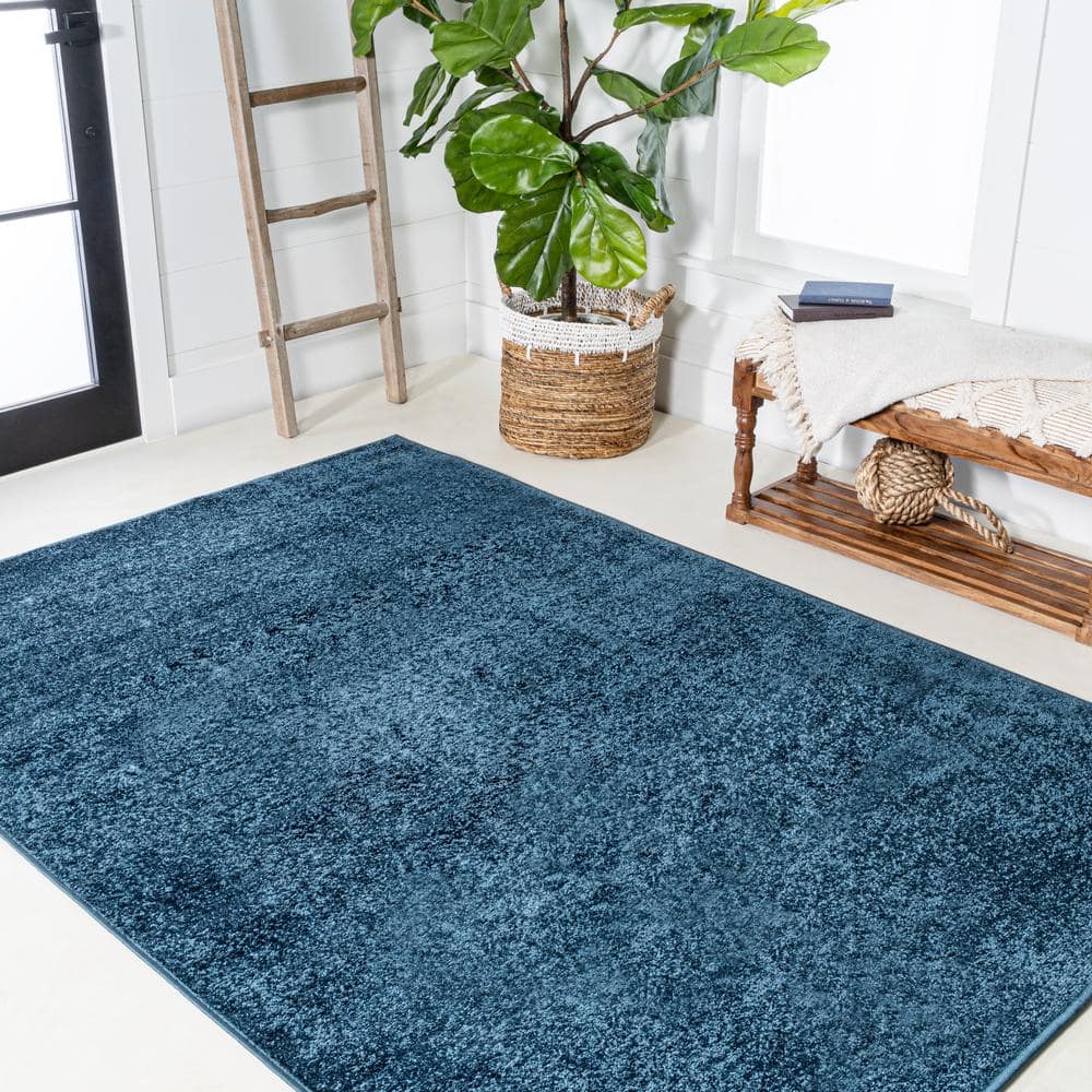 Navy Reversible Solid Synthetic Low-Pile Area Rug