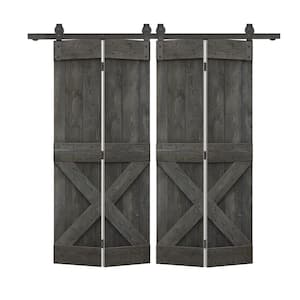 44 in. x 84 in. Mini X Solid Core Carbon Gray Stained DIY Wood Double Bi-Fold Barn Doors with Sliding Hardware Kit