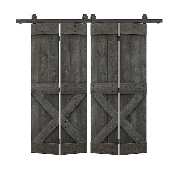 CALHOME 64 in. x 84 in. Mini X Solid Core Carbon Gray Stained DIY Wood Double Bi-Fold Barn Doors with Sliding Hardware Kit