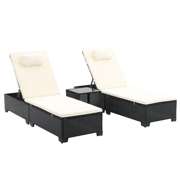 Miscool Anky 3-Piece PE Rattan Wicker Outdoor Chaise Lounge Chair Set with Coffee Table, Beige Cushions and Pillow
