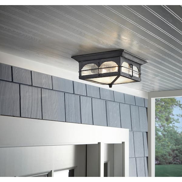 Brimfield 11 in. Aged Iron Weather Resistant Outdoor Ceiling Light Flush Mount 2-Light with Clear Seedy Glass Shade