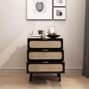 Black 3-Drawer Wood Rattan Storage Nightstand