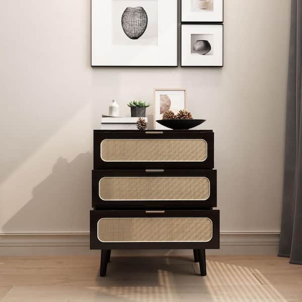 ATHMILE Black 3-Drawer Wood Rattan Storage Nightstand