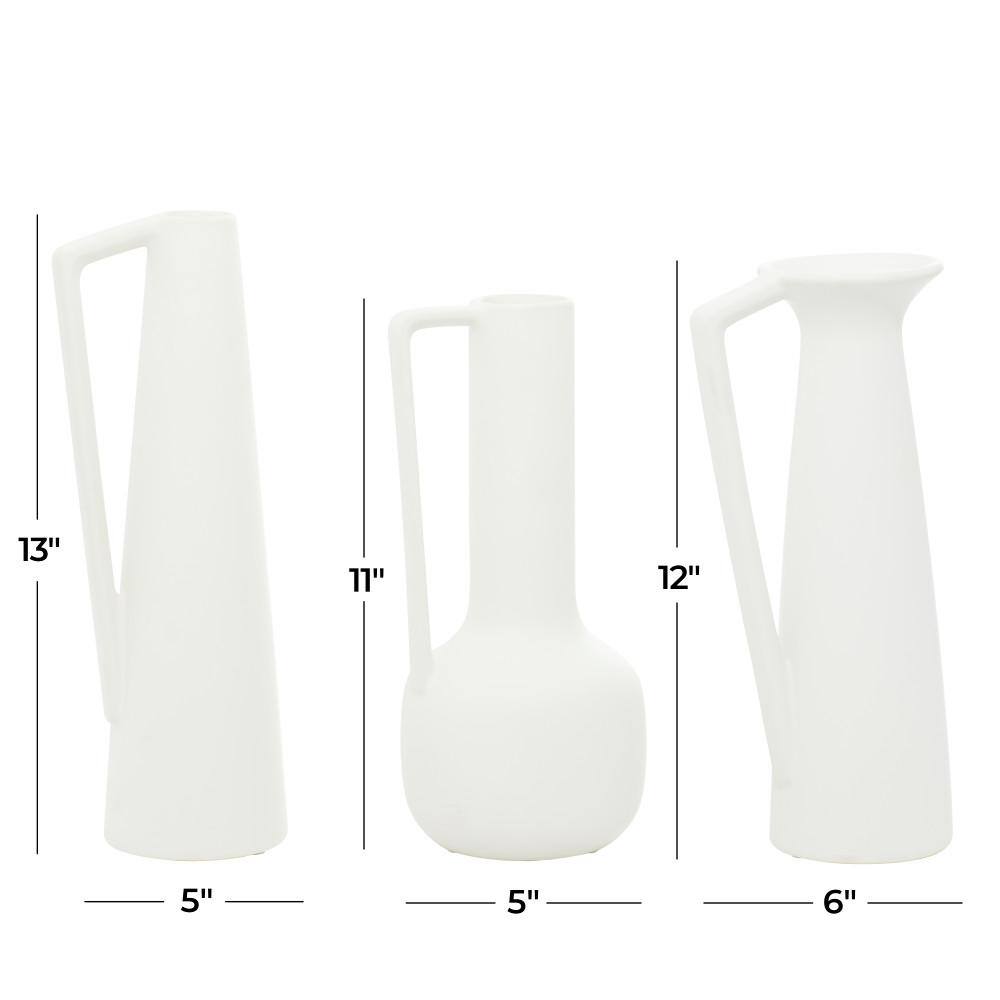 Elegant White Ceramic Vase Trio with Geometric Handles
