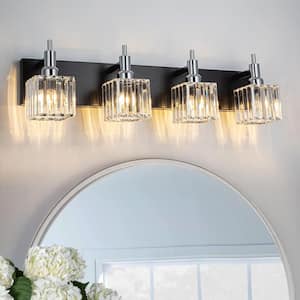 Orillia 27.5 in. 4-Light Modern Black Chrome Bathroom Vanity Light with Crystal Shades