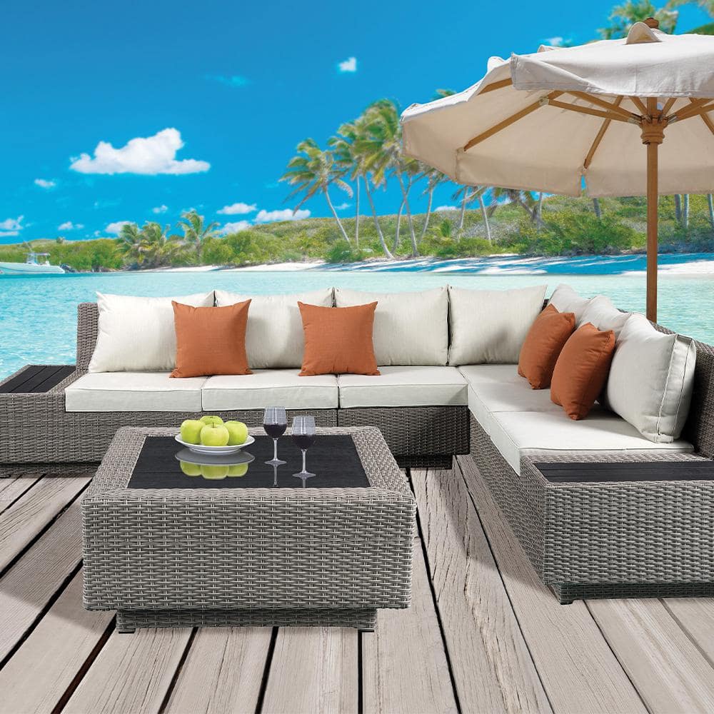 Salena Beige Fabric and Gray Wicker Patio Sectional with Cocktail Table