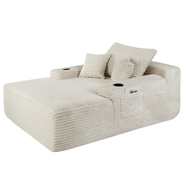 Seafuloy Beige Plush Fur Chaise Lounge with Cup Holder, Sofa Bed