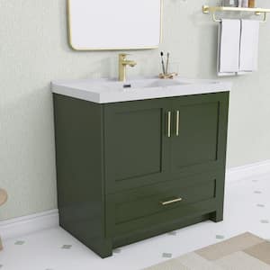 36 in. W x 22 in. D x 35 in. H Single Sink Freestanding Bath Vanity Cabinet in Green with White Stone Resin Vanity Top