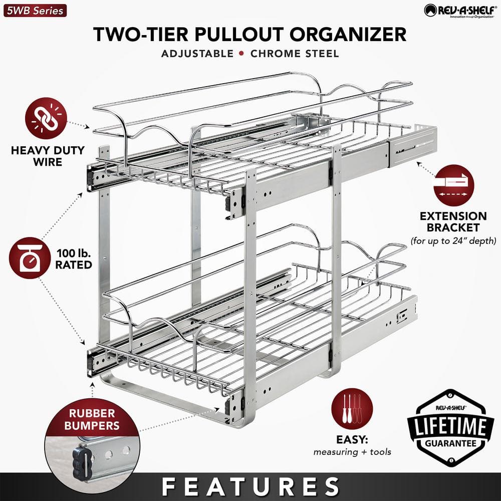 Chrome 2-Tier Wire Basket Pull-Out Shelf Organizer, 12 x 22 Inch