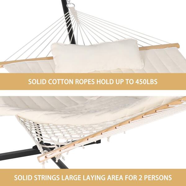 VEIKOUS 12 ft. Quilted 2-Person Hammock with Stand and Detachable Pillow,  White HK-001-white The Home Depot