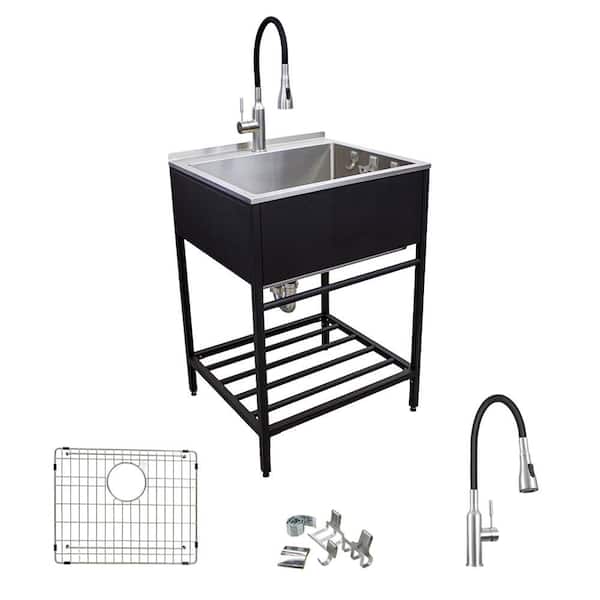 25 in. x 22 in. x 34 in. Stainless Steel Apron-Front Freestanding Utility/Laundry Sink with Wash Stand in Matte Black