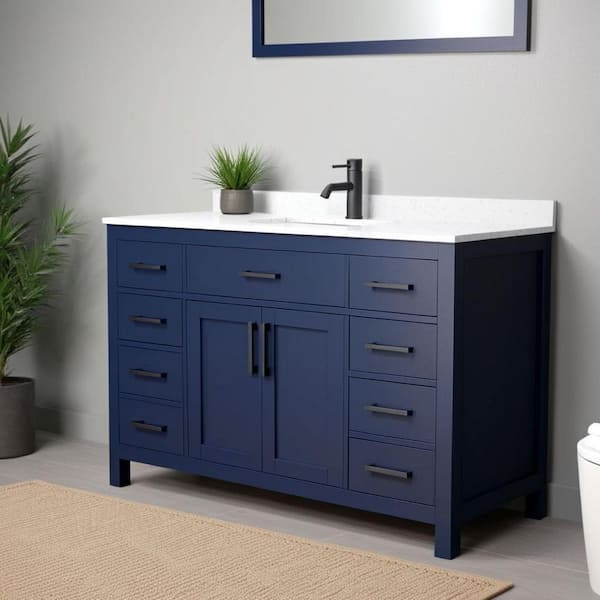 Beckett 54 in. W x 22 in. D x 35 in. H Single Sink Bathroom Vanity in Dark Blue with Carrara Cultured Marble Top