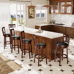 30 in. Dark Walnut Counter Height Wood Swivel Bar Stools with Faux Leather Seat in Black (Set of 6)