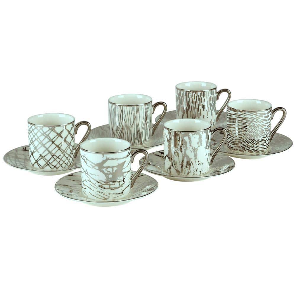 Matrix Silver Ceramic Espresso Cup and Saucer Set of 6