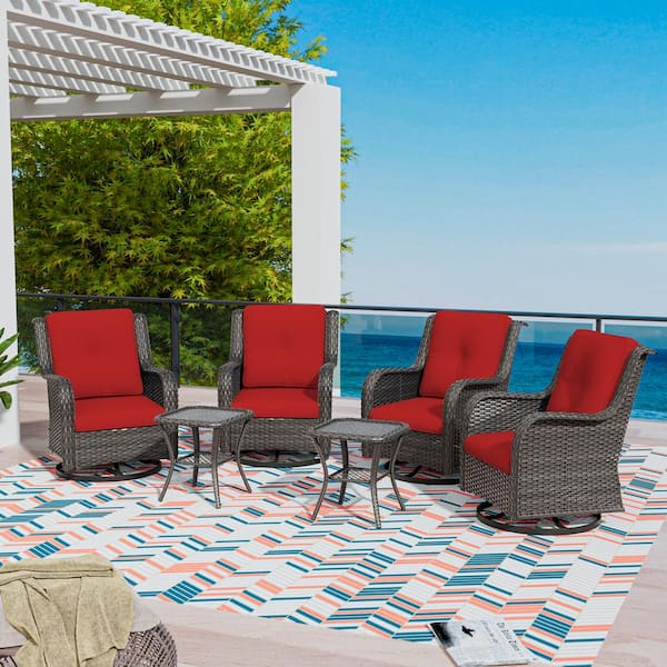 MeetLeisure 6-Piece Wicker Patio Conversation Set Swivel Rocking Chairs with Red Cushions