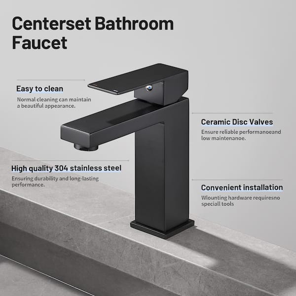 Square Single Handle Single Hole Bathroom Faucet with Supply Line in Matte Black