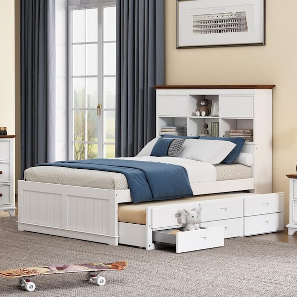 Harper & Bright Designs White and Walnut Wood Frame Full Size Platform Bed with Bookshelves Headboard, Twin Size Trundle and 3-Drawers