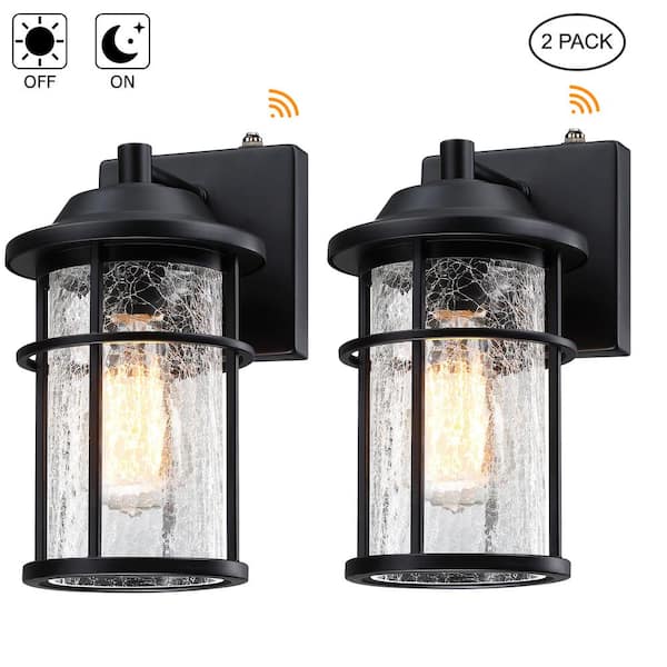 Hukoro Martin 1-Light Matte Black Outdoor Dusk-to-Dawn Sensor Wall Lantern Sconce with Crackle Glass Shade(2-pack)