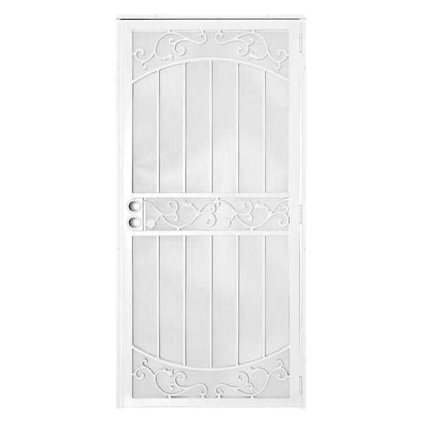 Unique Home Designs 36 in. x 80 in La Entrada White Surface Mount Outswing Steel Security Door with Perforated Metal Screen