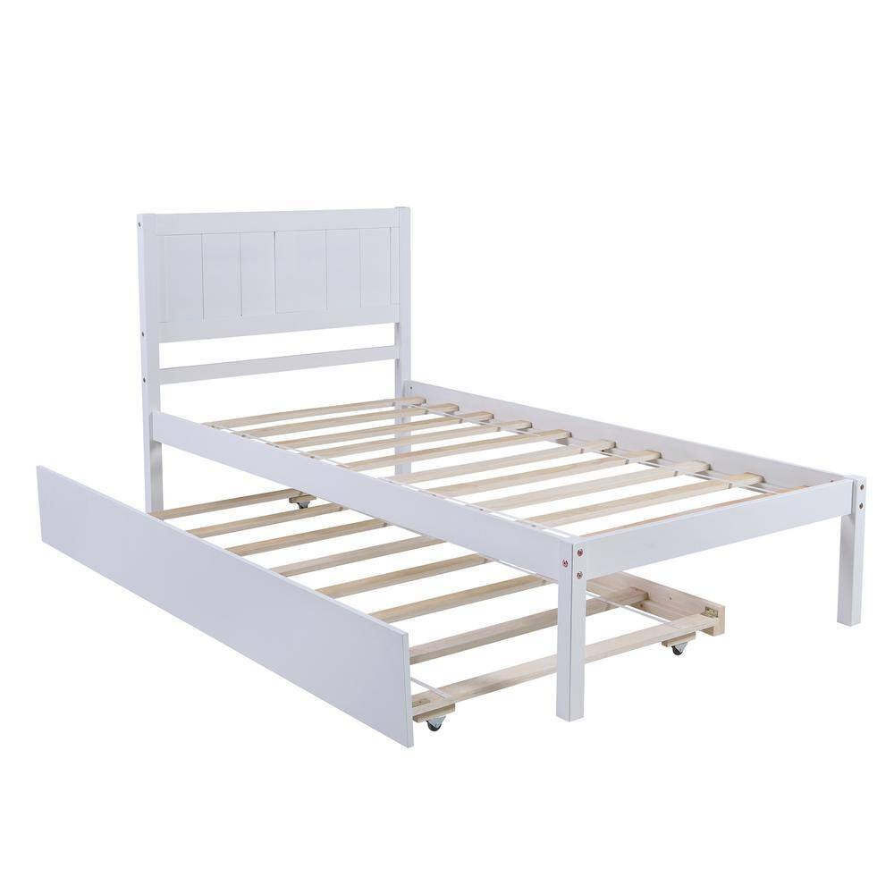 URTR White Twin Size Platform Bed Wood Platform Bed with Trundle ...