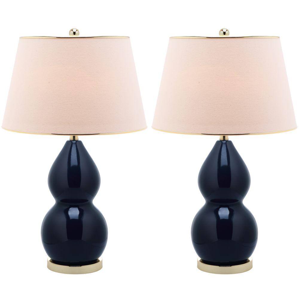 Navy Ceramic Double Gourd Table Lamp Set with Off-White Shades