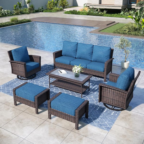 PHI VILLA Black 6-Pieces Metal Patio Conversation Sectional Seating Set with Swivel Sofa Chairs, Glass Top Table and Blue Cushions