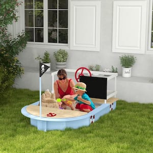 68 in. L x 44 in. W x 40 in. H Kids Wooden Sandbox Blue Pirate Ship Design Toys Kids Gift Beach Game Outdoor Playset