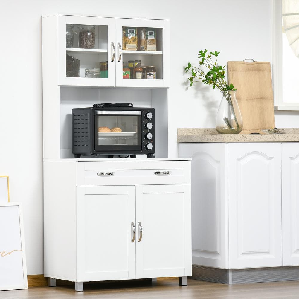 Modern White Kitchen Hutch with Glass Doors and Ample Storage