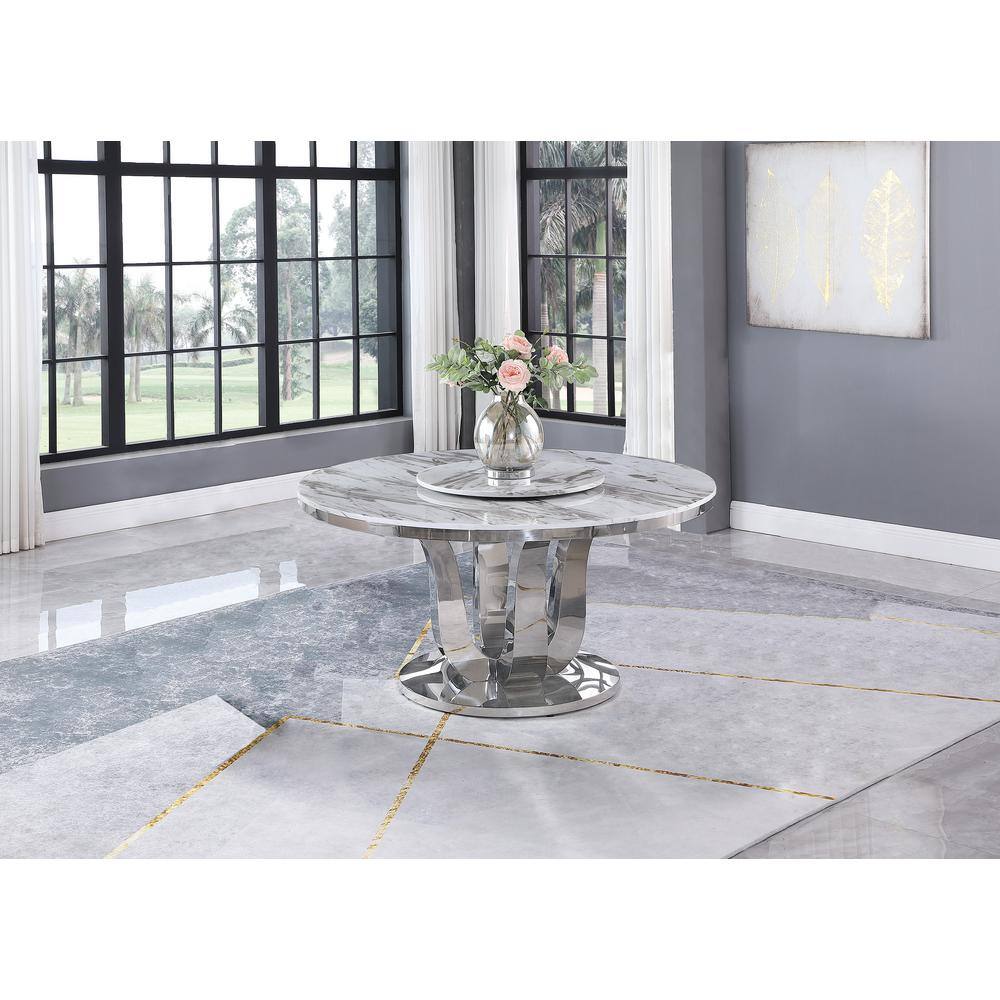 58" Round White Marble Dining Table with Lazy Susan and Stainless Steel Base