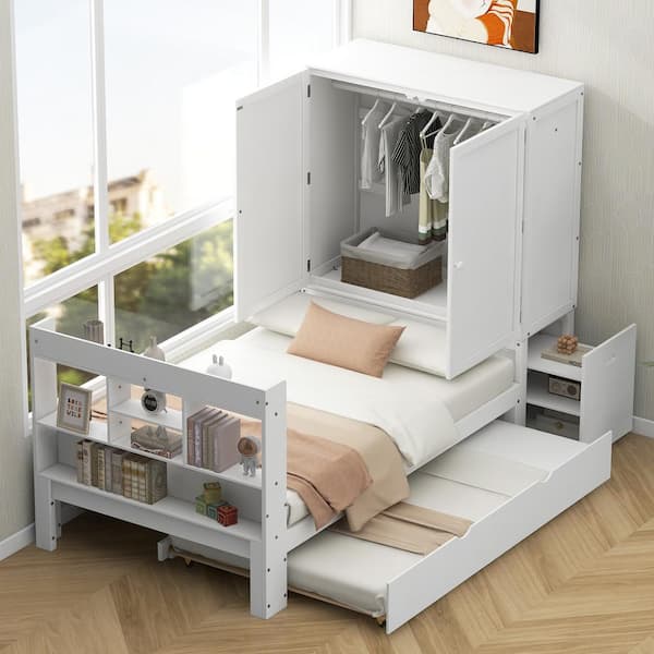 Qualler White Wood Frame Twin Platform Bed with Twin Trundle, Movable Bedside Table and Built-in Wardrobe