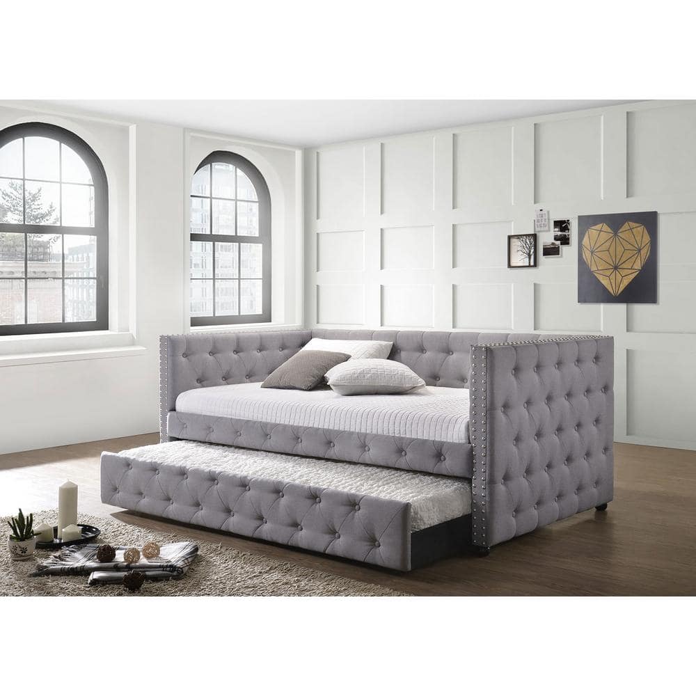 Gray Linen Twin Daybed with Tufted Upholstery and Drawer