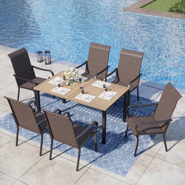 PHI VILLA 7-Piece Metal Outdoor Patio Dining Set with Brown Rectangular Slat Table-Top and Brown Rattan High Back Arm Chairs