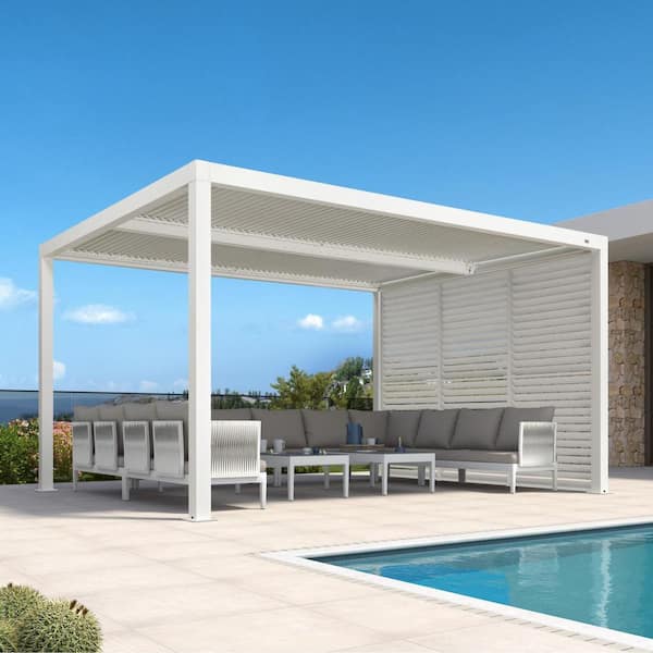 PURPLE LEAF 11 ft. x 14 ft. White Aluminum Louvered Pergola with 2 Adjustable Sunshade Roofs and 1-Short Side Fixed Shutter Wall