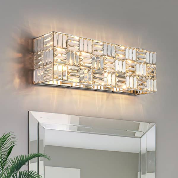 HUOKU Luz 4-Light 24.4 in. W Chrome Vanity Light Crystal Bathroom Light Rectangular Flush Mount