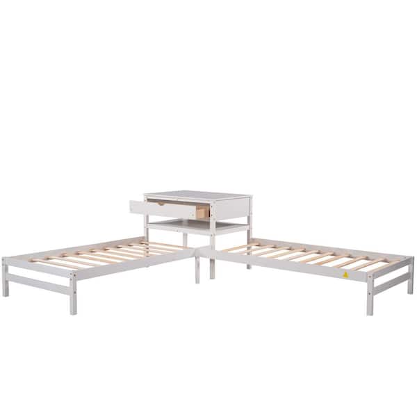 STICKON 119.7 in. W White Twin Size Wood Frame L-Shaped Platform Bed with Built-in Rectangle Table