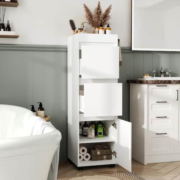 15.7 in. W x 15.7 in. D x 50.8 in. H White Wood Freestanding Bathroom Linen Cabinet with Drawer and Cabinet