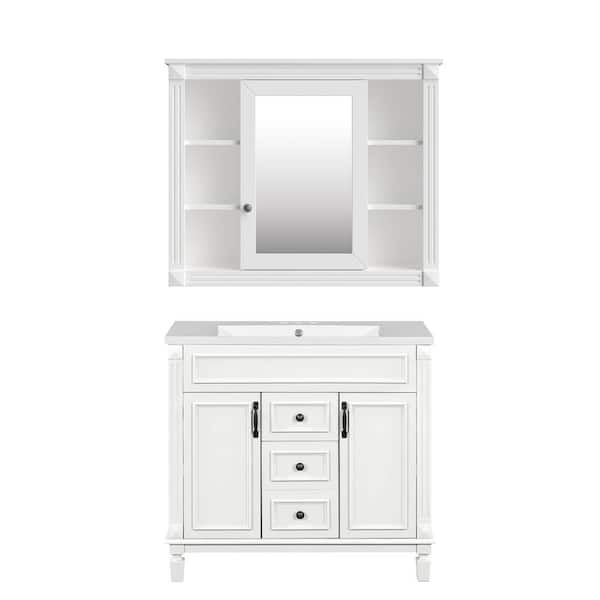 JimsMaison 36 in. W x 18 in. D x 34 in. H Single Sink Freestanding Bath Vanity in White with White Resin Top and Mirror