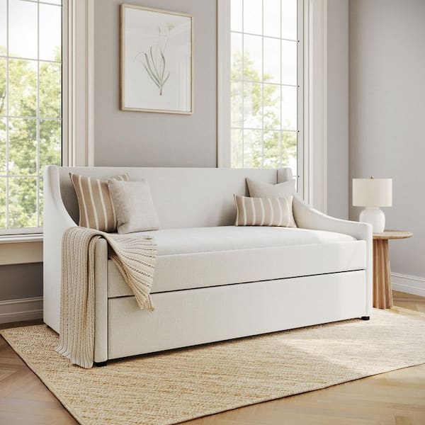 Simone Off-White Twin Daybed with Pull Out Trundle, Cushioned Headboard, Footboard, Side Rails, No Box Spring Required