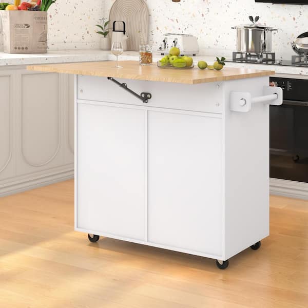 Xspracer White Mdf Base with Wood Top Rolling Kitchen Island (26-in x 39-in x 34-in)