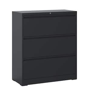 3-Drawer Black Metal 35.43 in. W Lateral File Cabinet with Lock, Home Office Hanging File Letter/Legal/F4/A4 Size