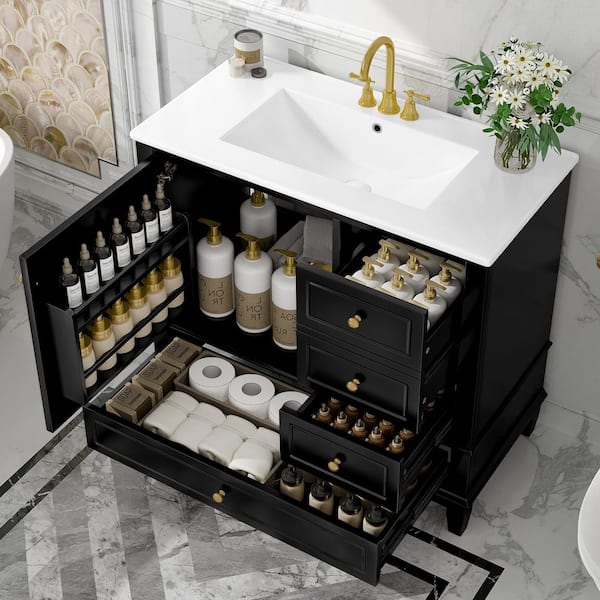 36 in. Freestanding Black Solid Frame Bath Vanity Cabinet with White Ceramic Basin Top and Multi-Size 3-Drawer