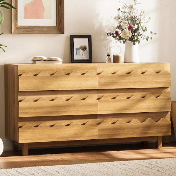 Oak 6-Drawers 60 in. Wide Chest of Drawers Wave Front Design for Bedroom, Living Room and Nursery